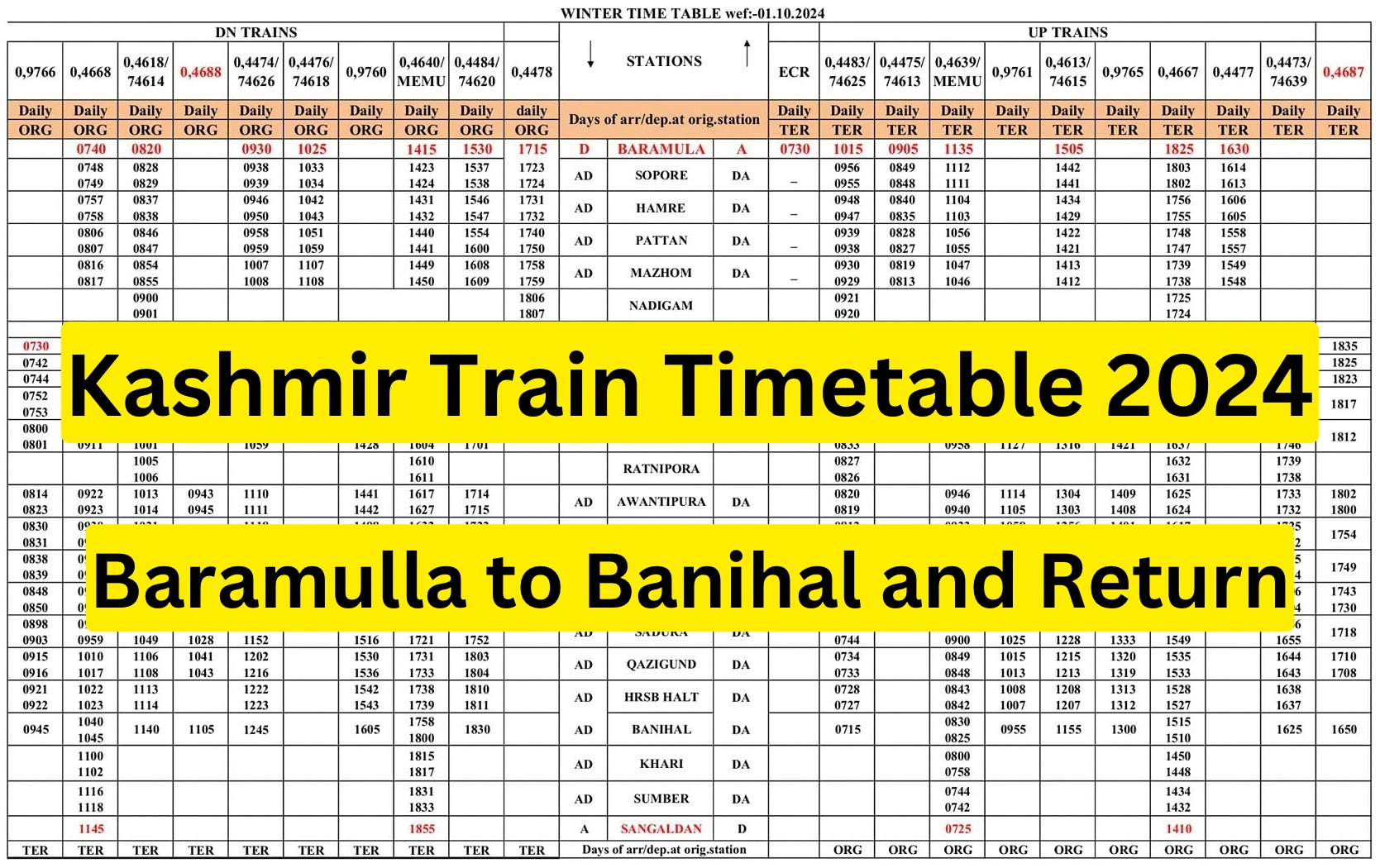 Kashmir Train Timetable 2024